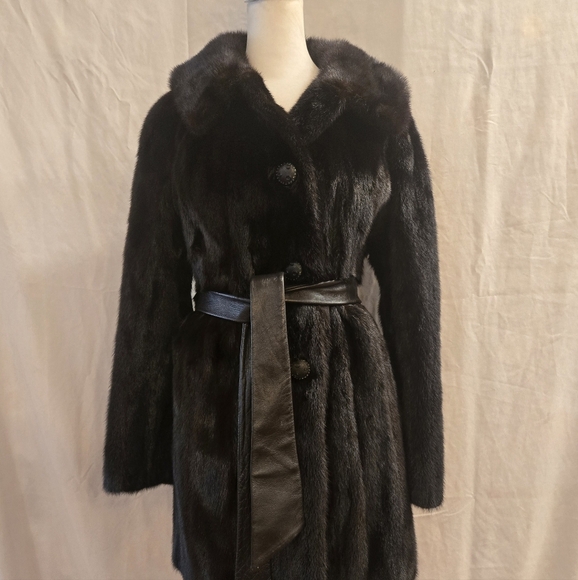 Vintage 1970s Mink Fur Belted Leather Coat Womens Small Medium - Picture 1 of 16